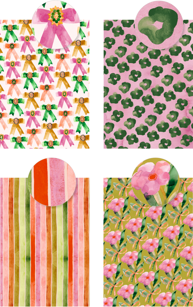 Vier Geschenkpapiermuster mit bunten Schleifen, grünen Blumen, farbigen Streifen und rosa Blüten auf grünem Hintergrund.