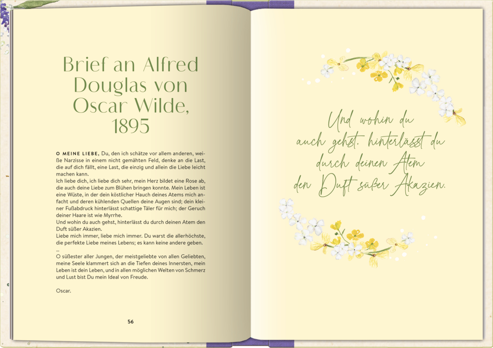 Offenes Buch: Auf der linken Seite Text von Oscar Wilde und auf der rechten Seite mit gelber Blumenkunst und handgeschriebenem Zitat.