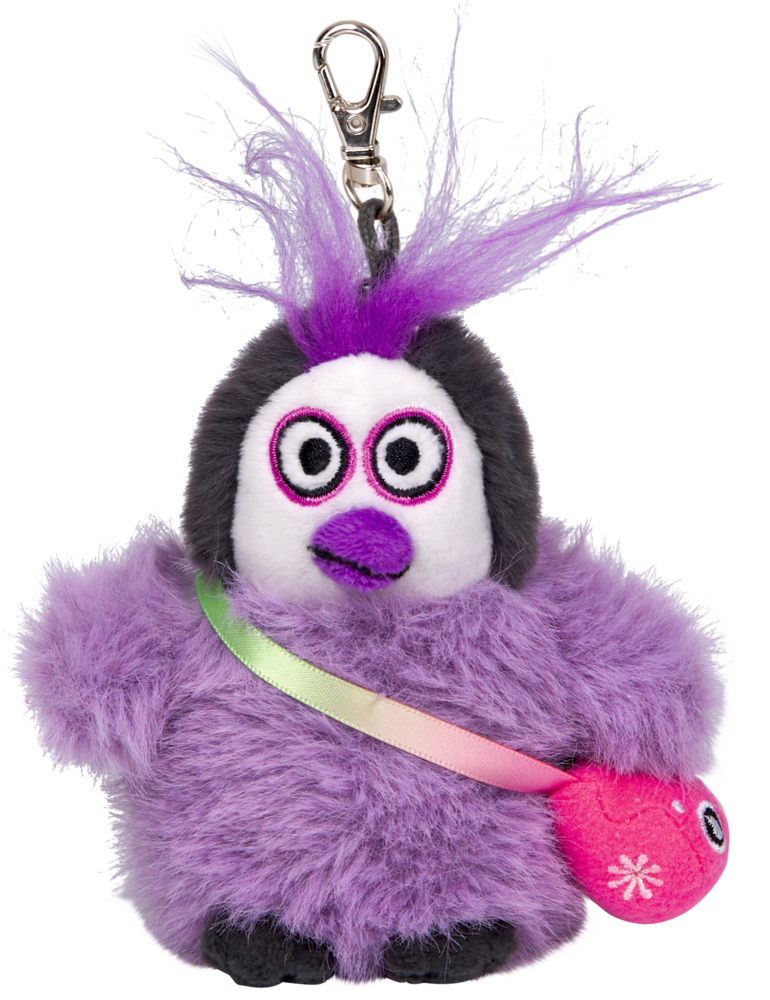 Lila Plüschfigur mit schwarzer und weißer Gesichtsfläche, lila Schnabel, Schlüsselclip und bunter Schulterriemen mit kleiner pinker Tasche.