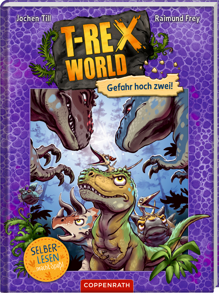 Cartoon-Dinosaurier, darunter ein grüner T-Rex, auf einem violetten Cover mit dem fettgedruckten Titel „T-REX WORLD“.