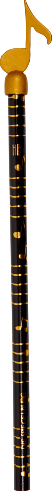 Schwarzer Bleistift mit goldenen Musiknoten verziert und einer goldenen Note am Ende.