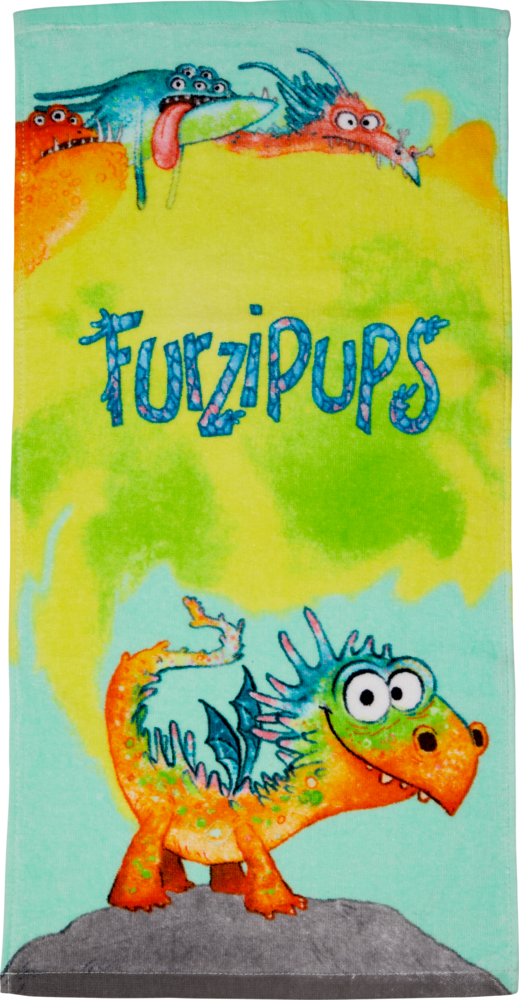 Cartoon-Drachen mit dem Text „Furzipups“ –. Einer stößt am Po grünen Rauch aus, die anderen schauen angeekelt.