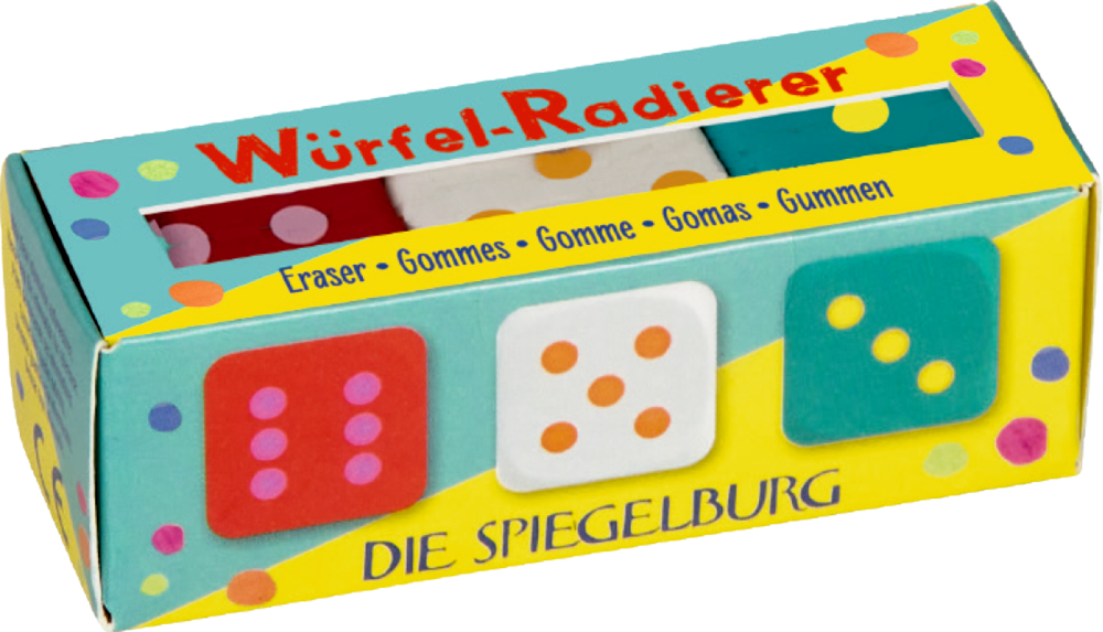 Eine bunte Schachtel mit drei würfelförmigen Radierern.