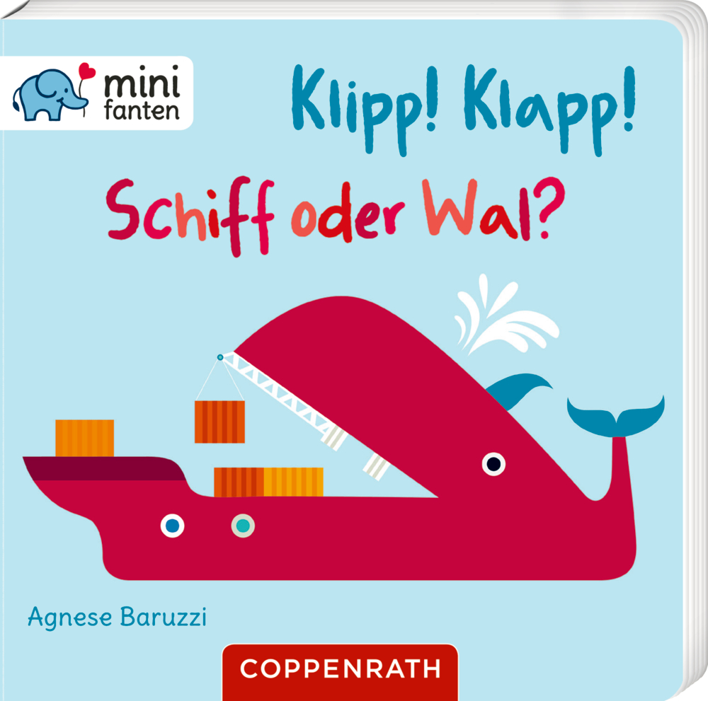 Buchcover mit rotem Wal in Form eines Frachtschiffs mit dem Text „Schiff oder Wal?“ auf blauem Hintergrund.