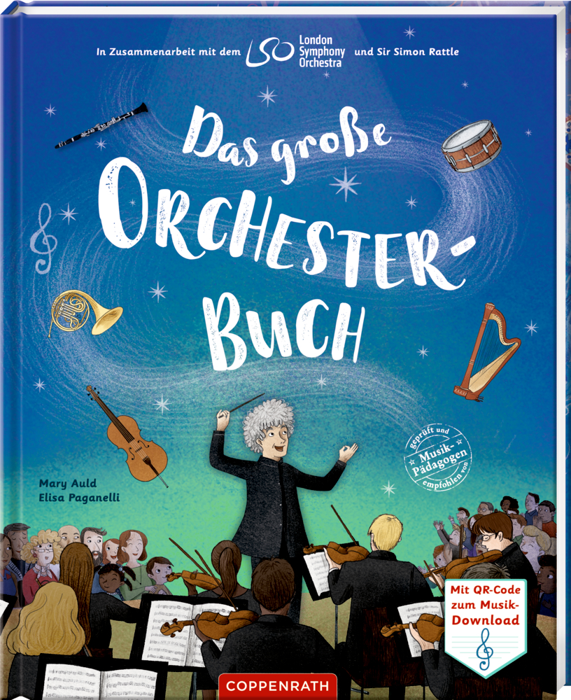 Buchcover: Dirigent leitet Orchester, umgeben von Instrumenten und Musiknoten, die den Titel einrahmen.