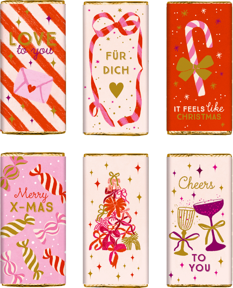 Sechs Schokoladentafeln in rosa-rot mit weihnachtlichen Motiven wie Schleifen, Zuckerstange, Gläsern, Geschenken und englischen Grußtexten.