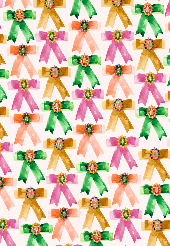 Nahtloses Muster mit Aquarellschleifen in Grün, Rosa, Orange und Braun, jeweils mit floraler Mitte.