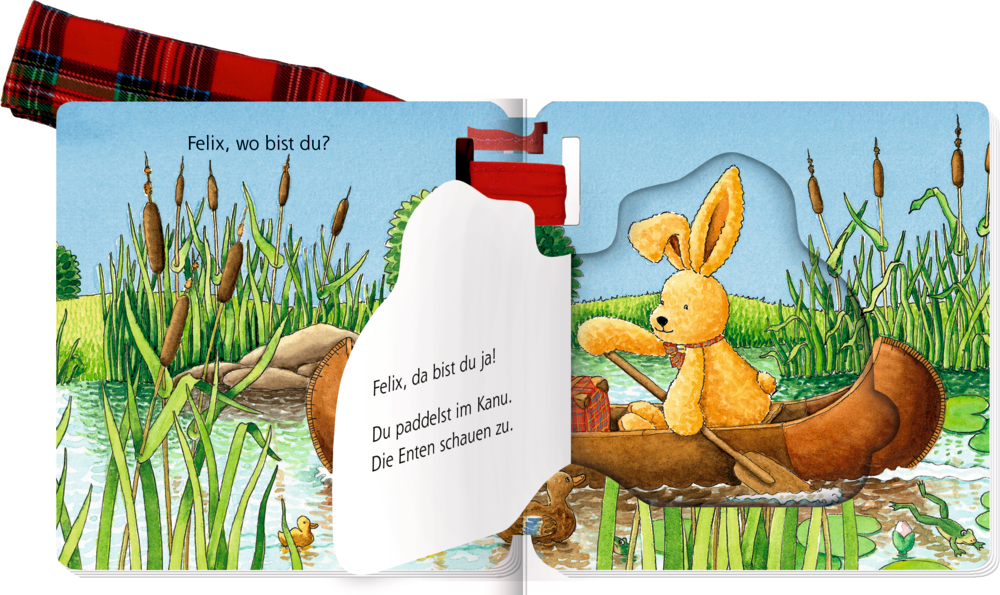 Ein Stoffhase sitzt in einem Kanu auf einem Teich mit Schilf und Enten, auf der Seite erscheint  Text.