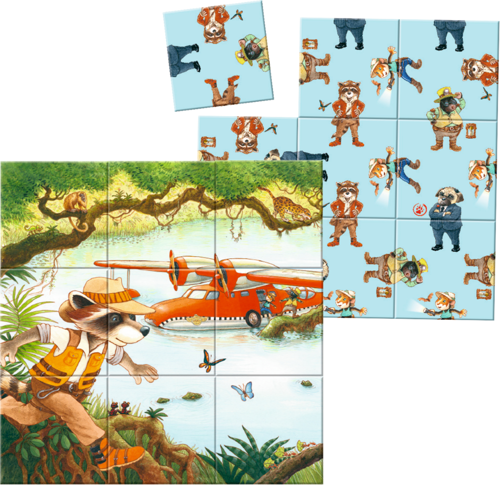 Zwei quadartische Flächen (Vorder- und Rückseite) mit Puzzleteilen und Abenteurermotiv.