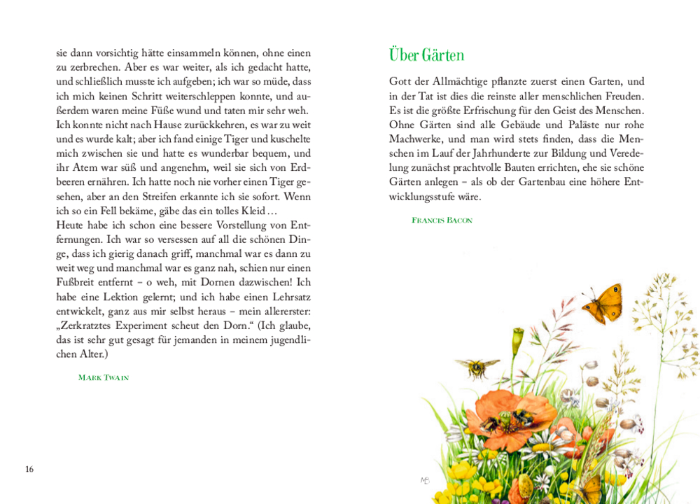 Aufgeschlagene Buchseiten mit deutschem Text, grünem Titel und Abbildungen von Blumen, einem Schmetterling und einer Biene.