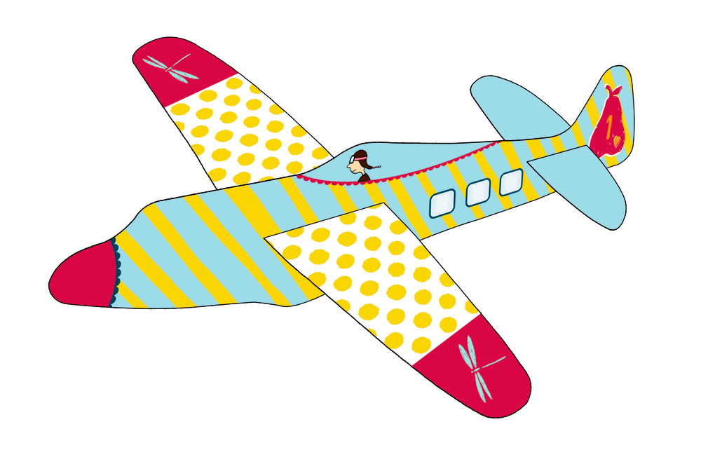 Papp-Segelflugzeug mit gelben Punkten, türkisfarbenen Streifen und einem Piloten im Cockpit.