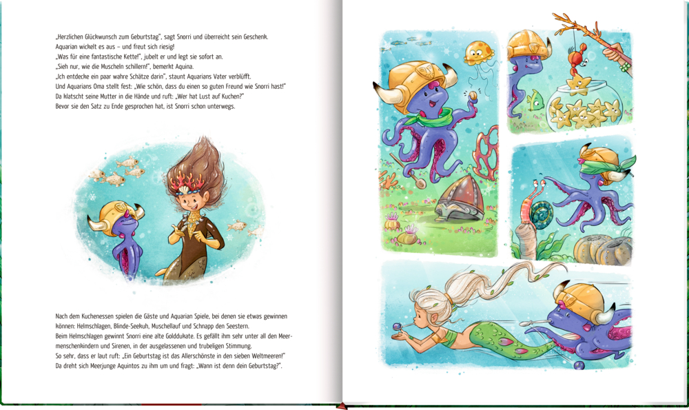 Auf einer Doppelseite mit Text, schwimmt und spielt ein Junge unter Wasser mit einem lila Sixtopus und Meerestieren.