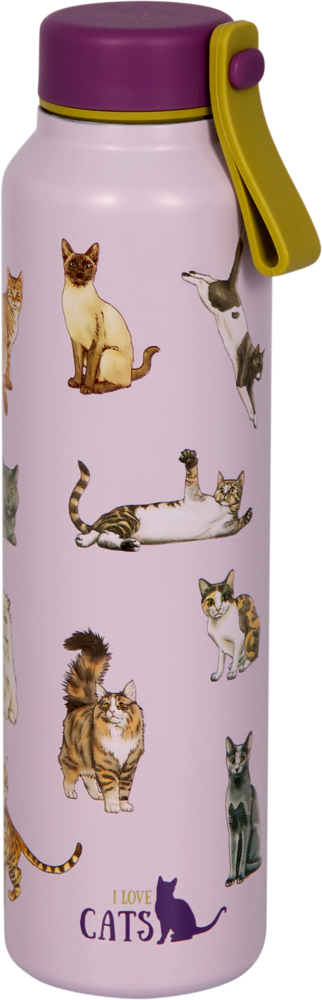 Fliederfarbene Isolierflasche, verziert mit verschiedenen Katzenillustrationen und dem Satz „Ich liebe Katzen“ am Boden.