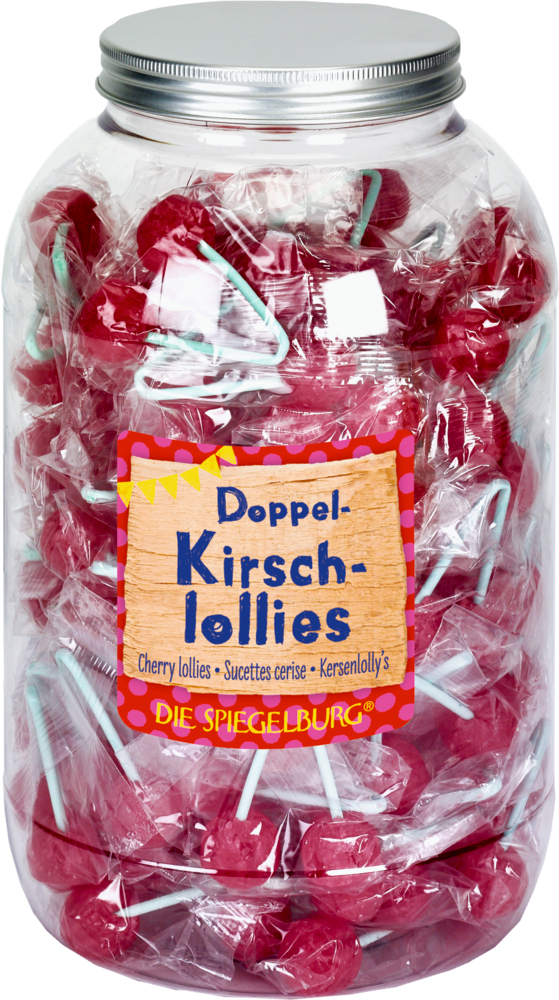 Ein durchsichtiges Glas mit einzeln verpackten Kirschlutschern mit der Aufschrift „Doppel-Kirsch-Lutscher“.