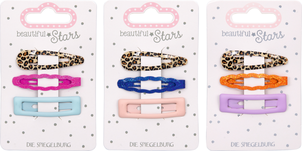 Drei Sets mit je drei Haarspangen in Leoparden-, Glitzer- und Unifarbe auf Verpackung mit Punktmuster.