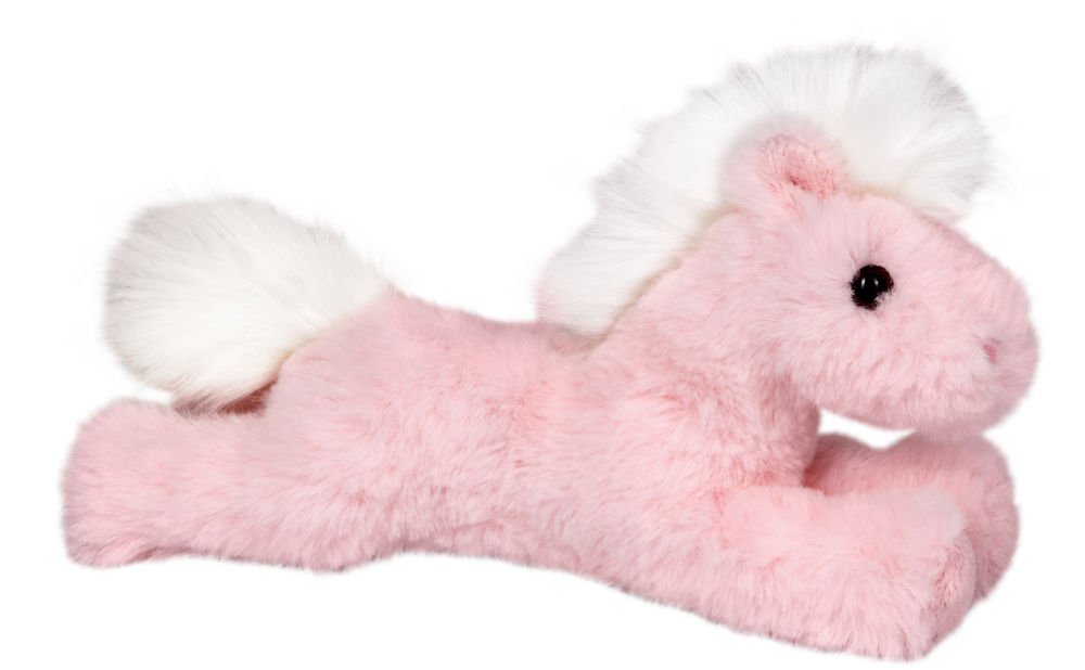 Rosa Plüschpony mit weißer Mähne und Schweif, auf dem Bauch liegend.