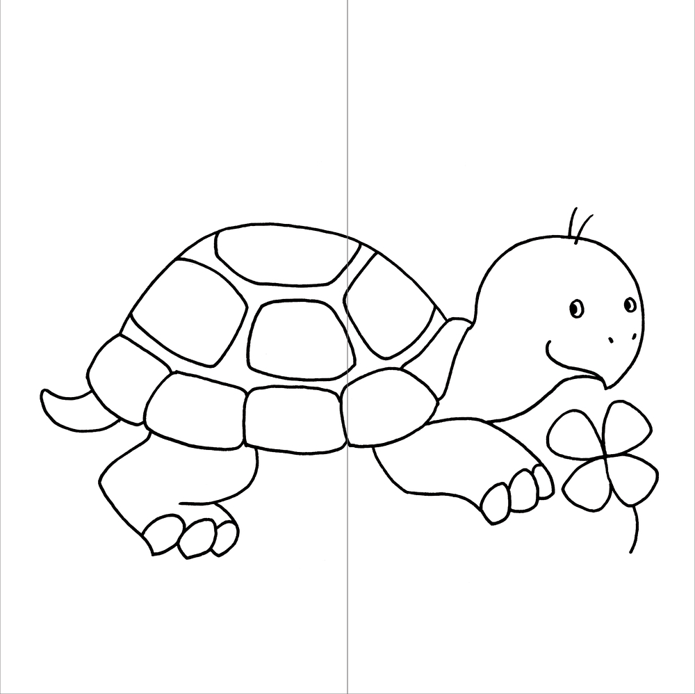 Halb umgeblätterte Seite zeigt vorne Schildkröte, hinten Flusspferd. Beide halten ein Kleeblatt.
