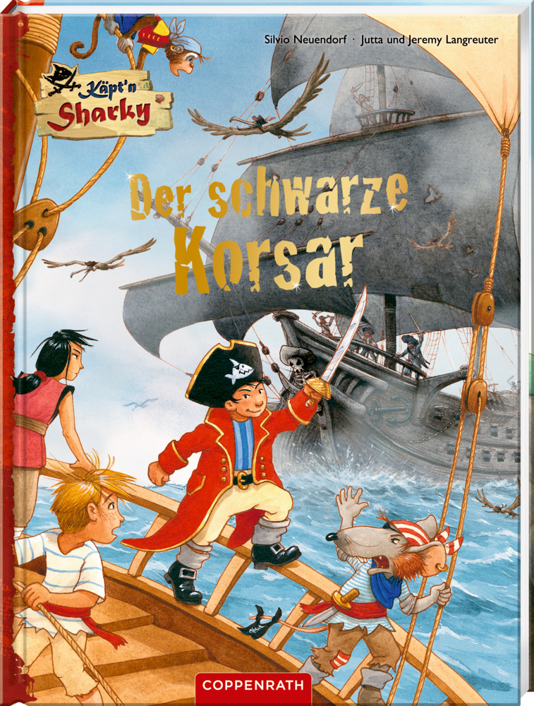 Piraten auf einem Schiff treten auf See gegen ein dunkles Piratenschiff an; Titel: Der schwarze Korsar.