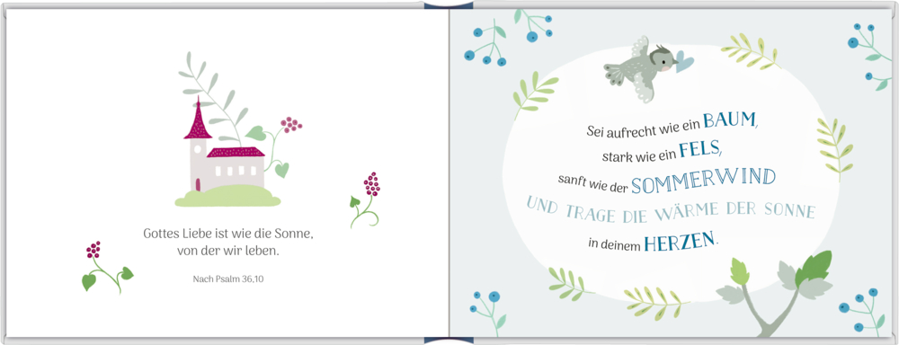 Links: Kirche, Pflanzen. Rechts: Vogel, Blätter, inspirierender Text zum Thema Sommer.