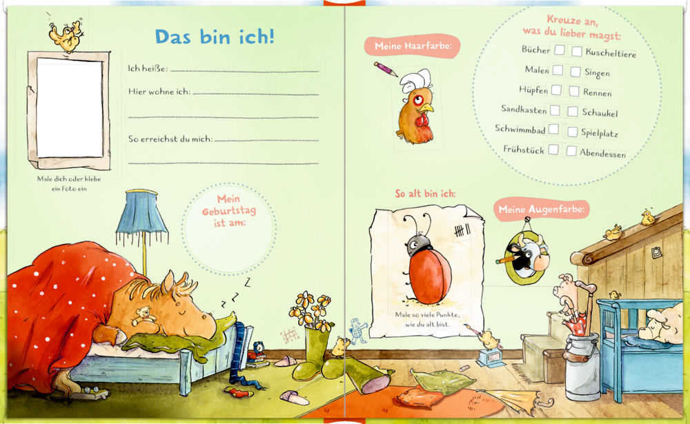 Arbeitsblatt mit bunten Tieren, Kästchen zum Ankreuzen und Lücken zum Ausfüllen.