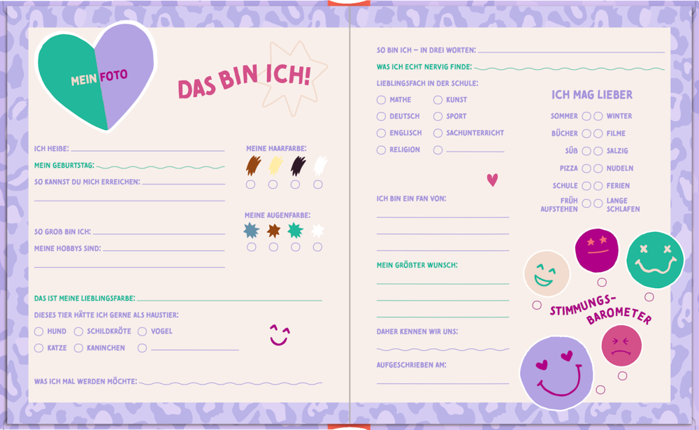 Zweiseitige Kinderfreunde-Buchseite mit Fragen zu persönlichen Angaben, Vorlieben, Hobbys und Emojis als Stimmungsbarometer.