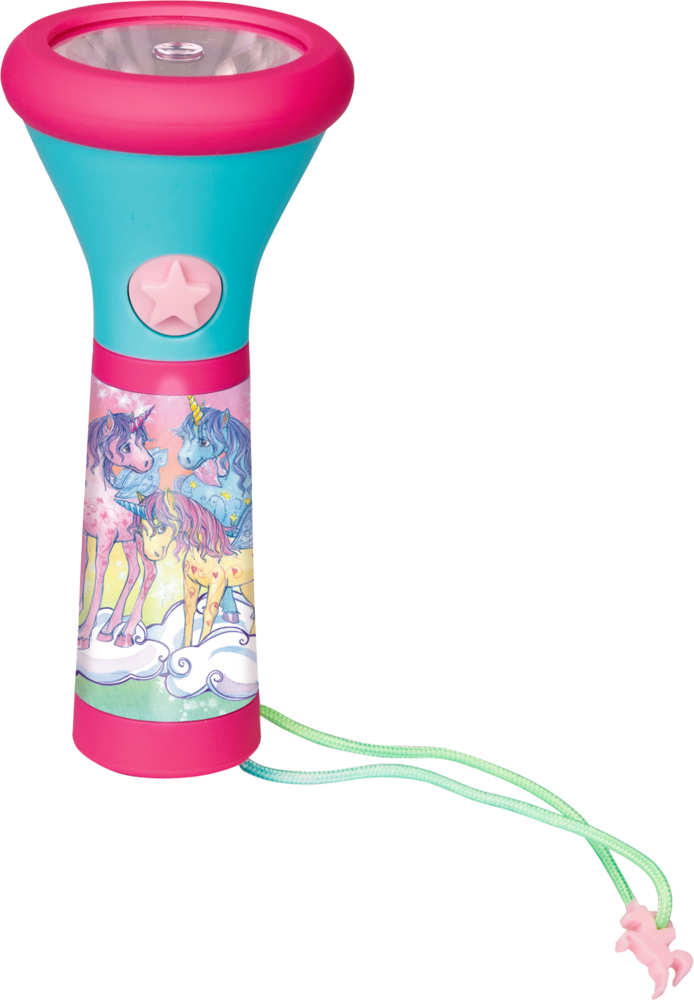 Bunte Einhorn-Taschenlampe für Kinder mit rosa Knopf, grüner Handschlaufe und sternförmigem Anhänger.
