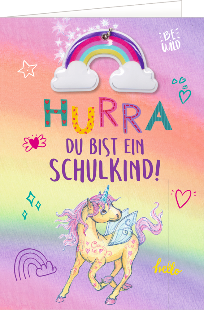 Bunte Karte mit Regenbogen, Einhorn und „Hurra, du bist ein Schulkind!“ auf pastellfarbenem Hintergrund.