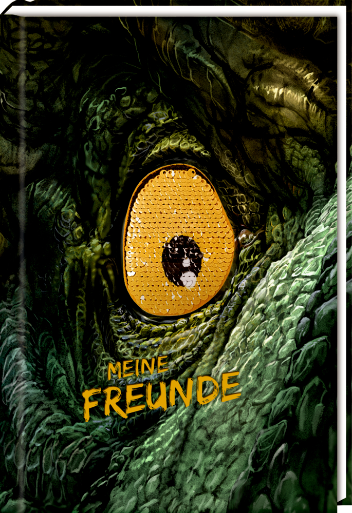Nahaufnahme eines gelben Reptilienauges, darunter in gelber Schrift „MEINE FREUNDE“.