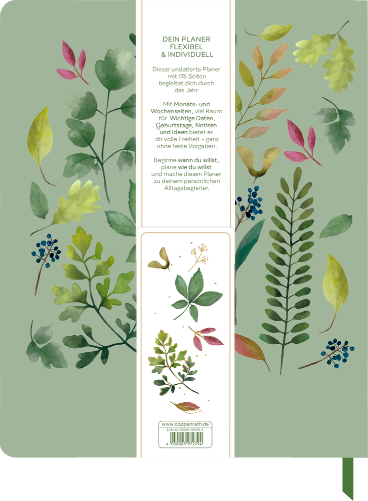 Grüner Planerumschlag mit verschiedenfarbigen Blättern und Zweigen in Aquarelloptik, mittig mit weißem Textfeld.
