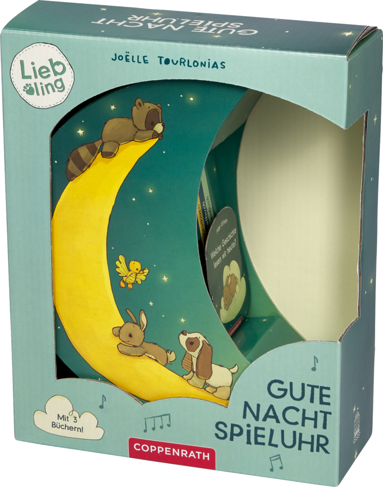 Türkise Verpackung mit gelbem Mond, darauf gezeichnete Tiere und Aufschrift „Gute Nacht Spieluhr“.