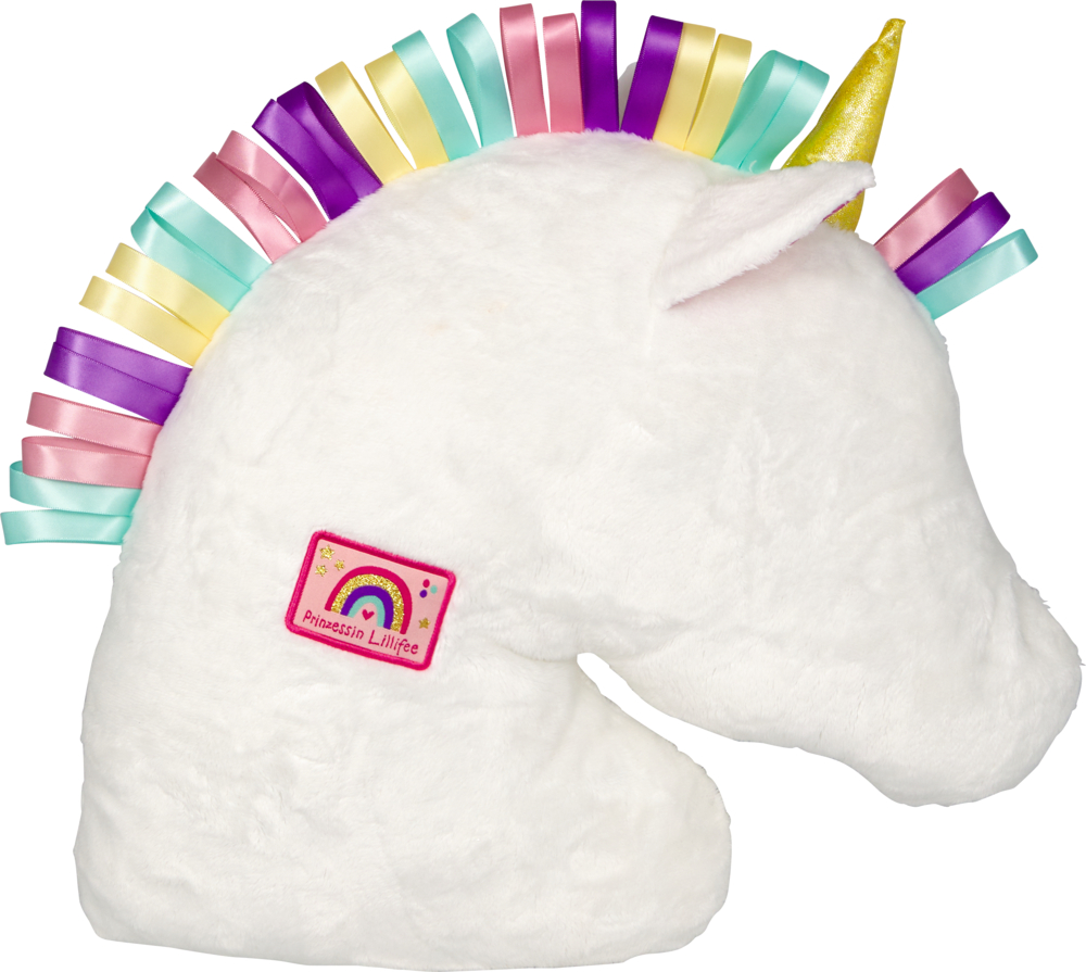 Plüsch-Einhornkopf, weiße Oberfläche, bunte Bandmähne, gelbes Horn, Regenbogen-Patch auf dem Hals.