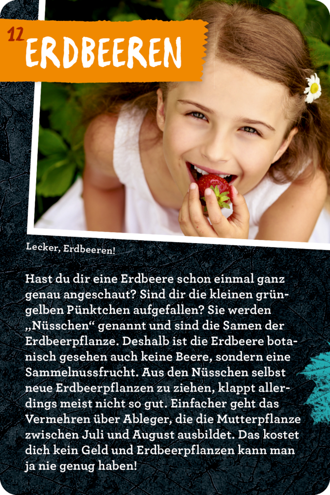 Ein lächelndes Mädchen hält mit der rechten Hand eine Erdbeere an den Mund und beißt hinein, darunter ein Text auf der Karte zum Thema Erdbeeren selbst anpflanzen.