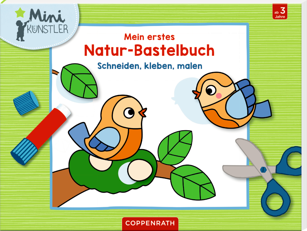 Naturbastelbuchumschlag für Kinder mit Vögeln, Schere, Klebestift und Buntstiften.