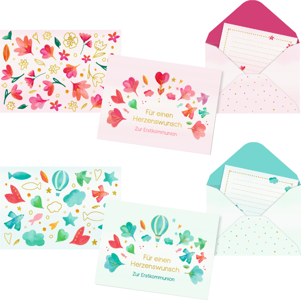 Klappkarten und Umschläge mit bunten Blumen- und Ballonmotiven, Text mit Glückwünschen zur Erstkommunion.