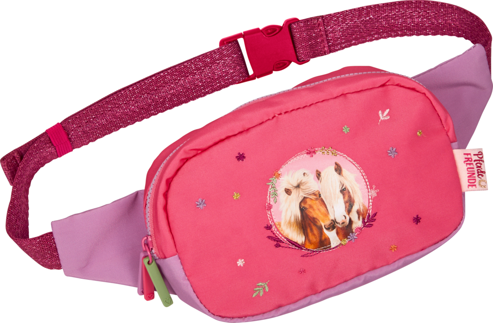 "Rosa-violette Gürteltasche mit zwei Pferden auf der Vorderseite. "