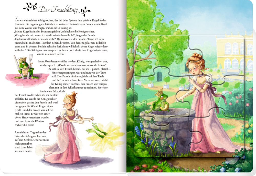 Prinzessin in rosa Kleid steht vor einem Frosch mit Krone auf einem Brunnen im Schlossgarten.