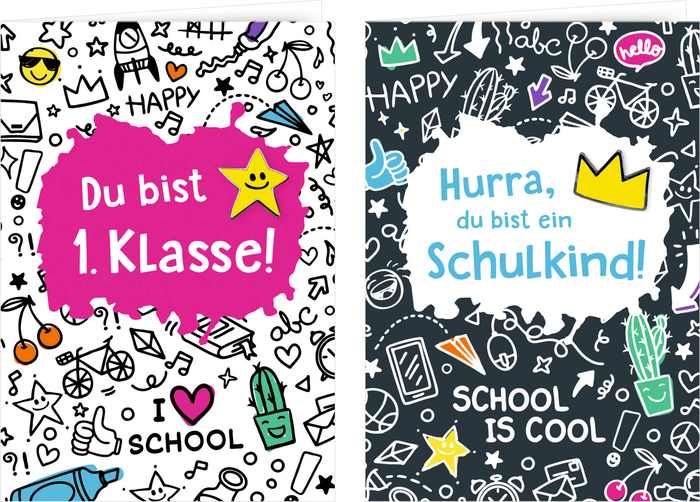 Grußkarte mit Wegbegleiter-Pin – Du bist 1. Klasse! / Hurra, du bist ein Schulkind!