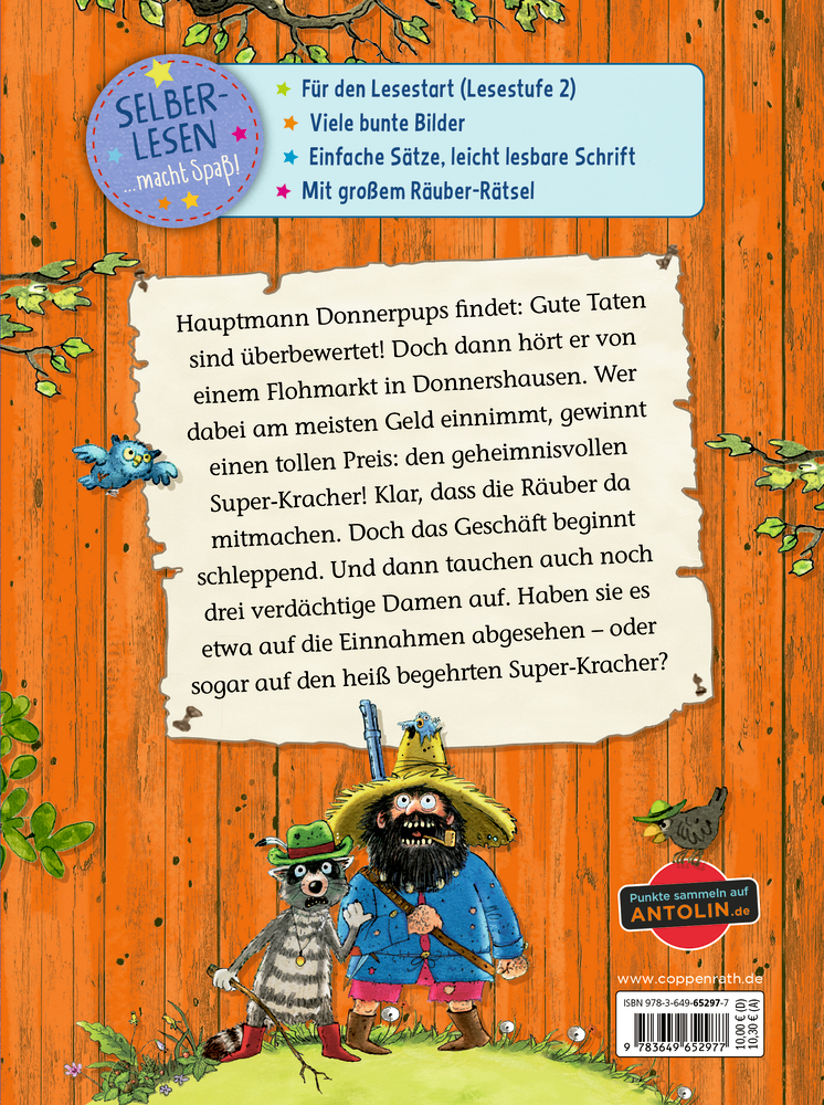 Buchrückseite: Illustration mit bärtigem Mann in blauem Hemd und gelbem Hut neben einem Waschbären mit Hut und Stiefeln vor orangefarbener Holzwand.
