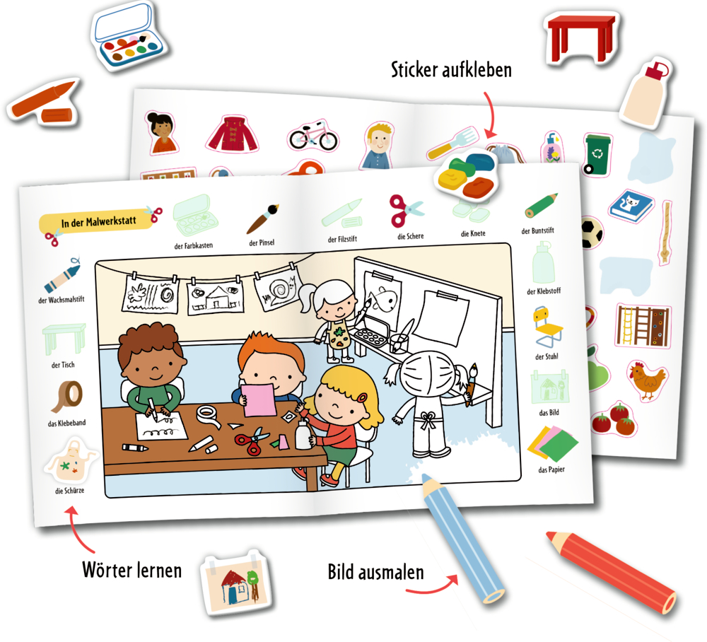 Mehrere Seiten aus einem Kindergarten-Sticker-Malbuch, die mit Aufklebern versehen werden, ausgmalt werden und dabei kann man die Kindergarten typische Wörter und Sachwörter lernen.