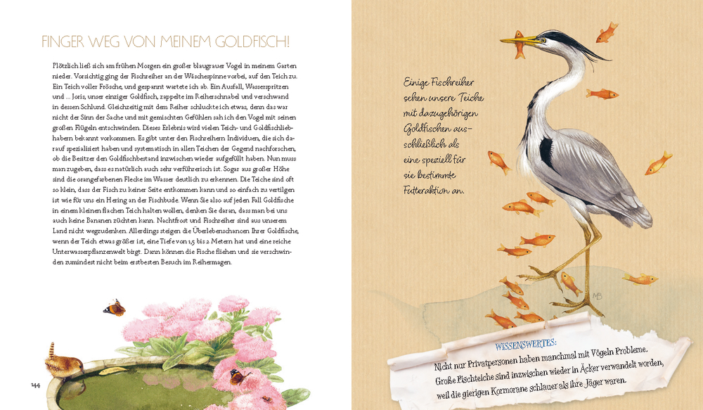 Ein Reiher steht in einem Teich und frisst Goldfische, umgeben von abgebildeten Fischen, einer Blume und einer Biene.