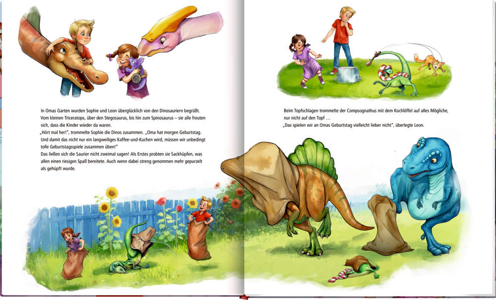Offenes Buch mit Text, Kinder spielen mit Dinosauriern im Garten und haben gemeinsam Spaß.