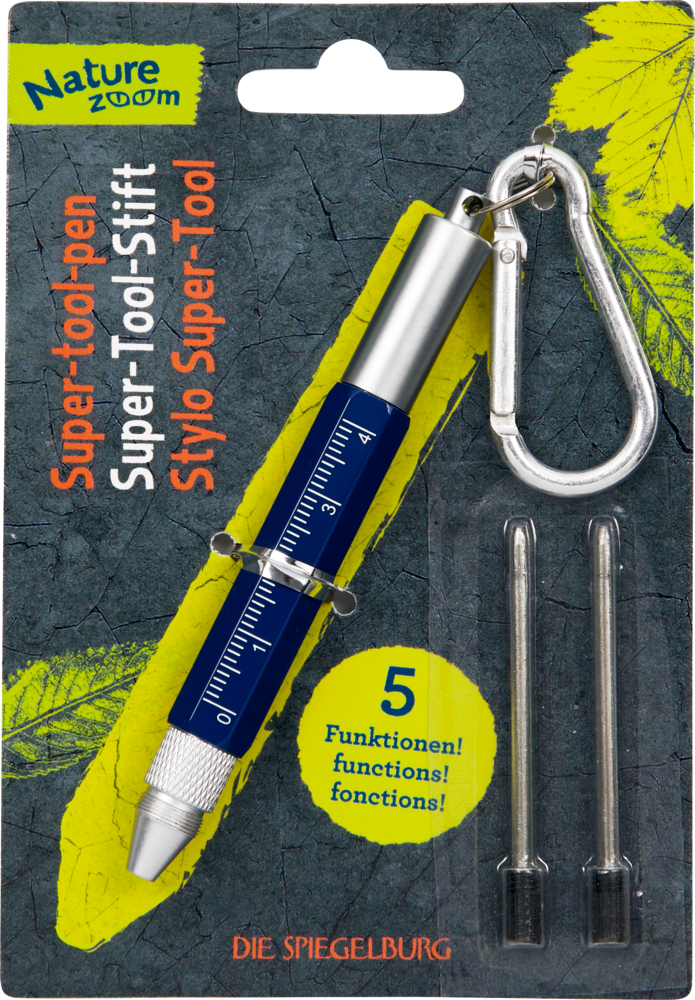 Ein Mehrzweck-Stiftwerkzeug mit zwei Minen und einem Karabiner, auf einer Nature Zoom Karte verpackt.