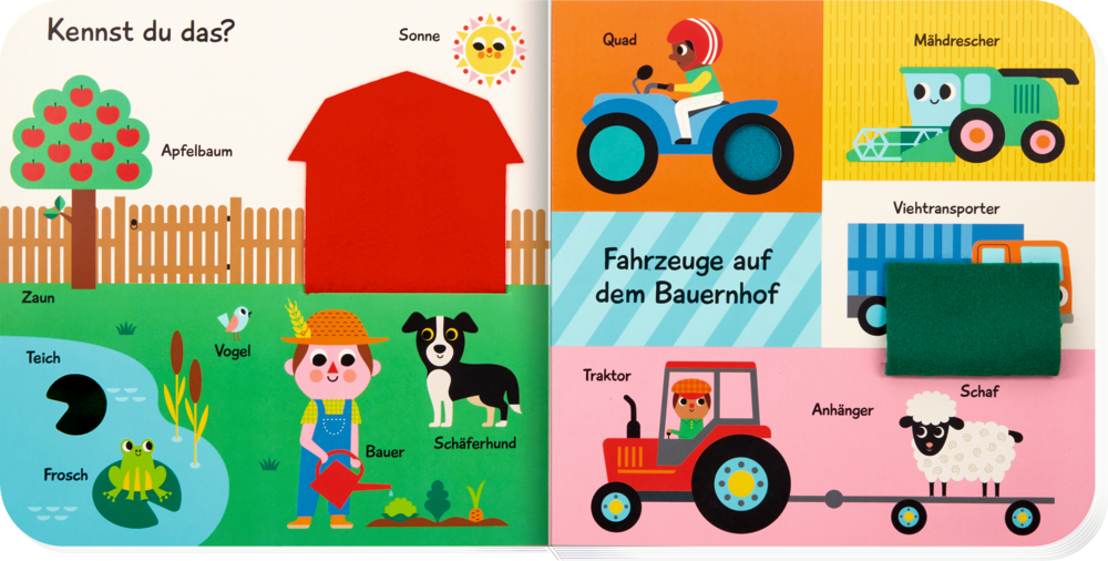 Lebendiger  Bauernhof auf einer Doppelseite mit beschrifteten Tieren, Fahrzeugen und einem Bauern mit Hut.