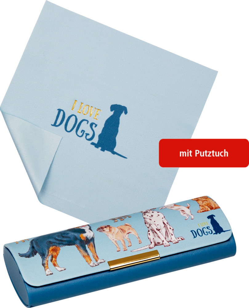 Hellblaues Brillenetui mit verschiedenen Hundeillustrationen und passendem „I LOVE DOGS“-Putztuch.