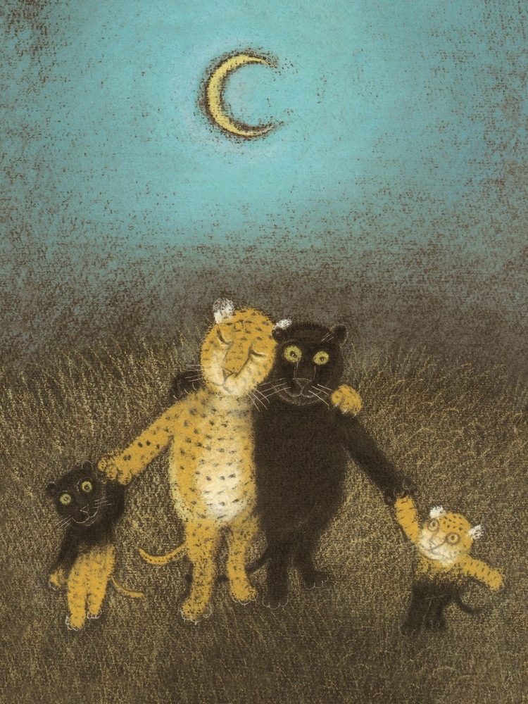 Eine helle und eine dunkle Großkatze sowie zwei kleine mit gemischt hellem und dunklem Fell umarmen sich unter dem Mond und halten sich an den Händen.