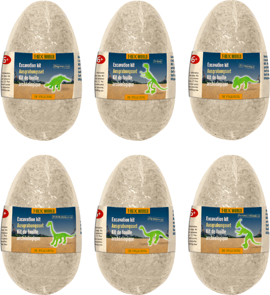 Sechs ovale Ausgrabungssets in Ei-Form mit Dinosaurier-Motiven und blauen Etiketten mit mehrsprachiger Beschriftung.