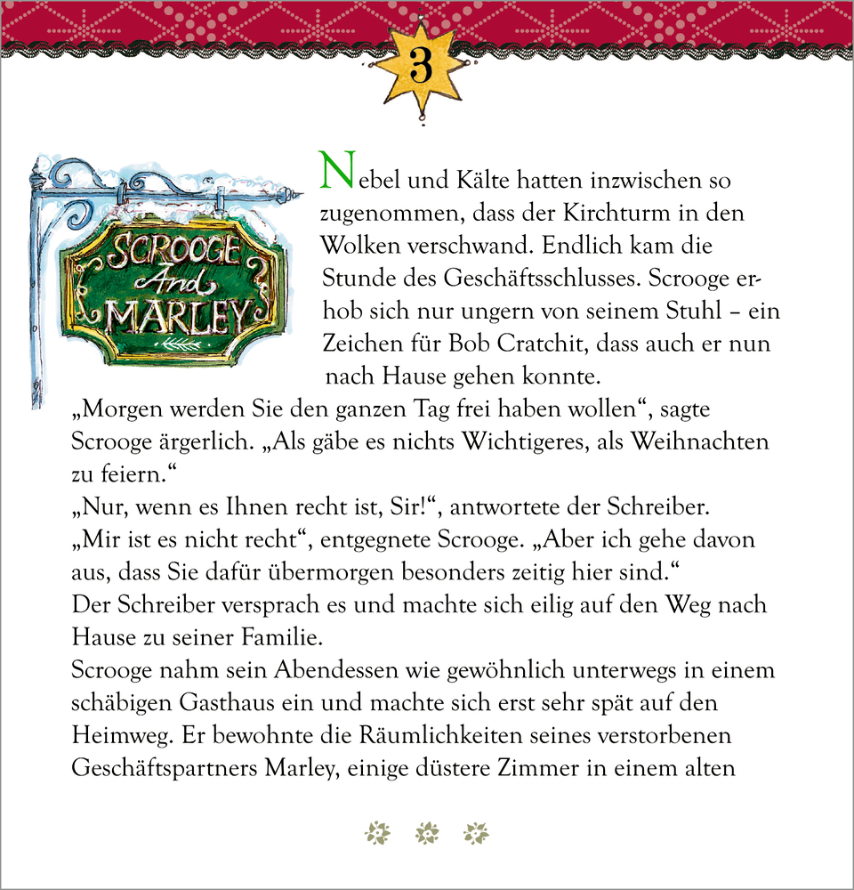 Zettel Nummer drei mit festlichen Dekorationen und einem Ausschnitt aus „Eine Weihnachtsgeschichte“..