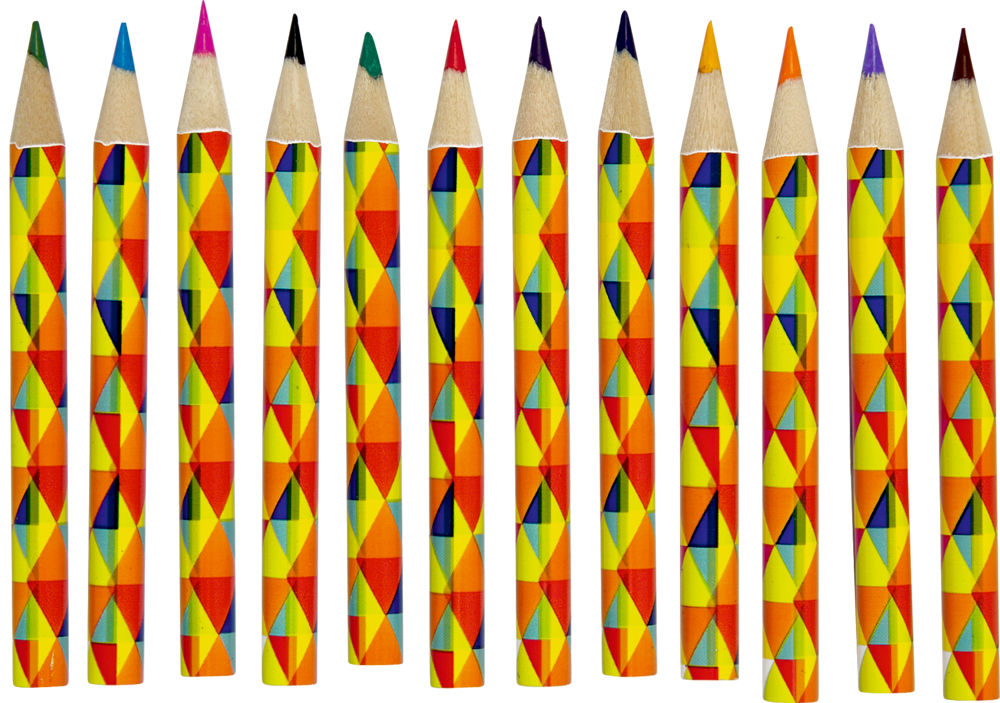 Zwölf Buntstifte mit bunten geometrischen Mustern liegen nebeneinander.