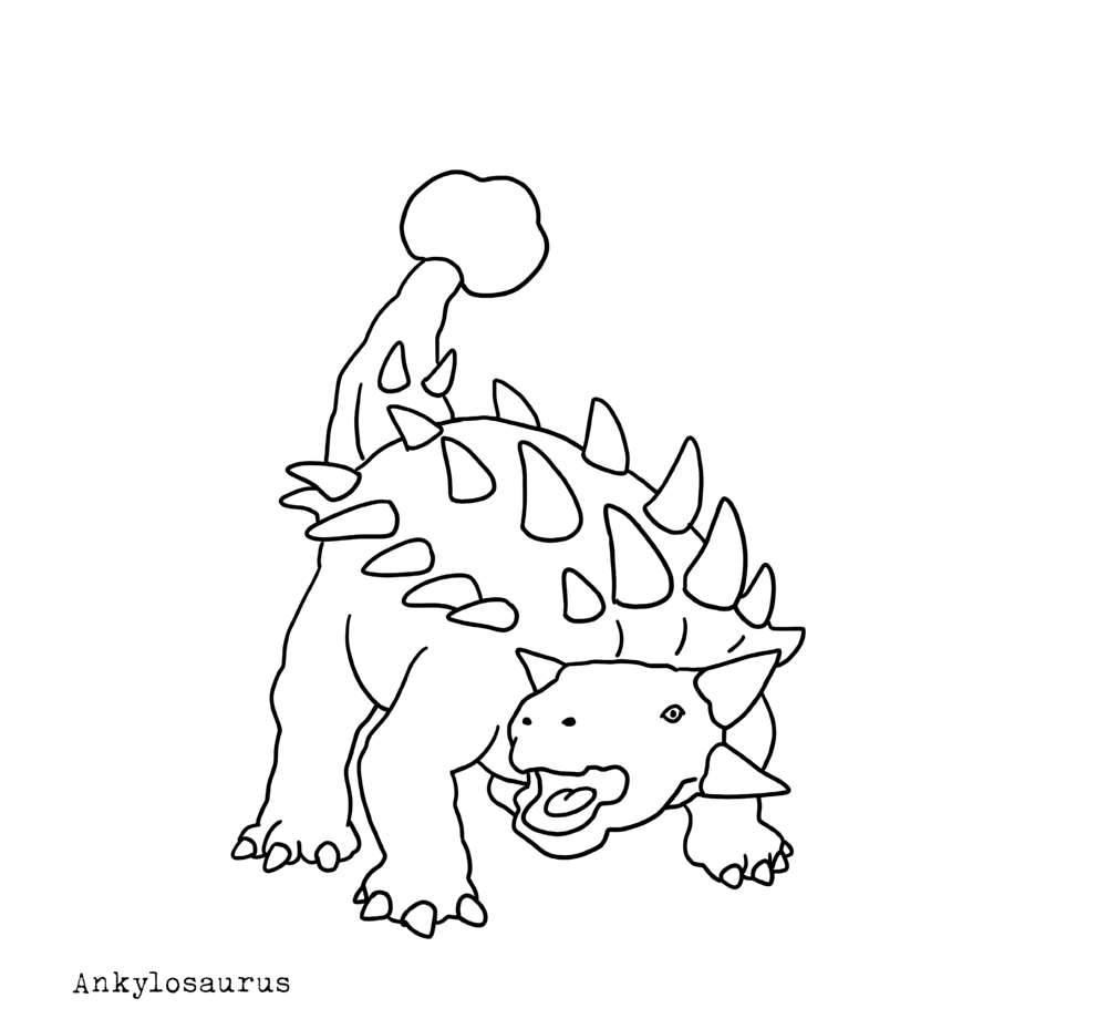 Ausmalbild eines Ankylosaurus mit Panzer und Keulenschwanz, darunter die Beschriftung „Ankylosaurus“.