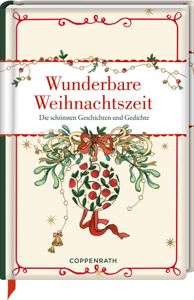 Buch mit dem Titel „Wunderbare Weihnachtszeit“, verziert mit Mistelzweigen, Schleife und Kugel mit Beerenmuster.